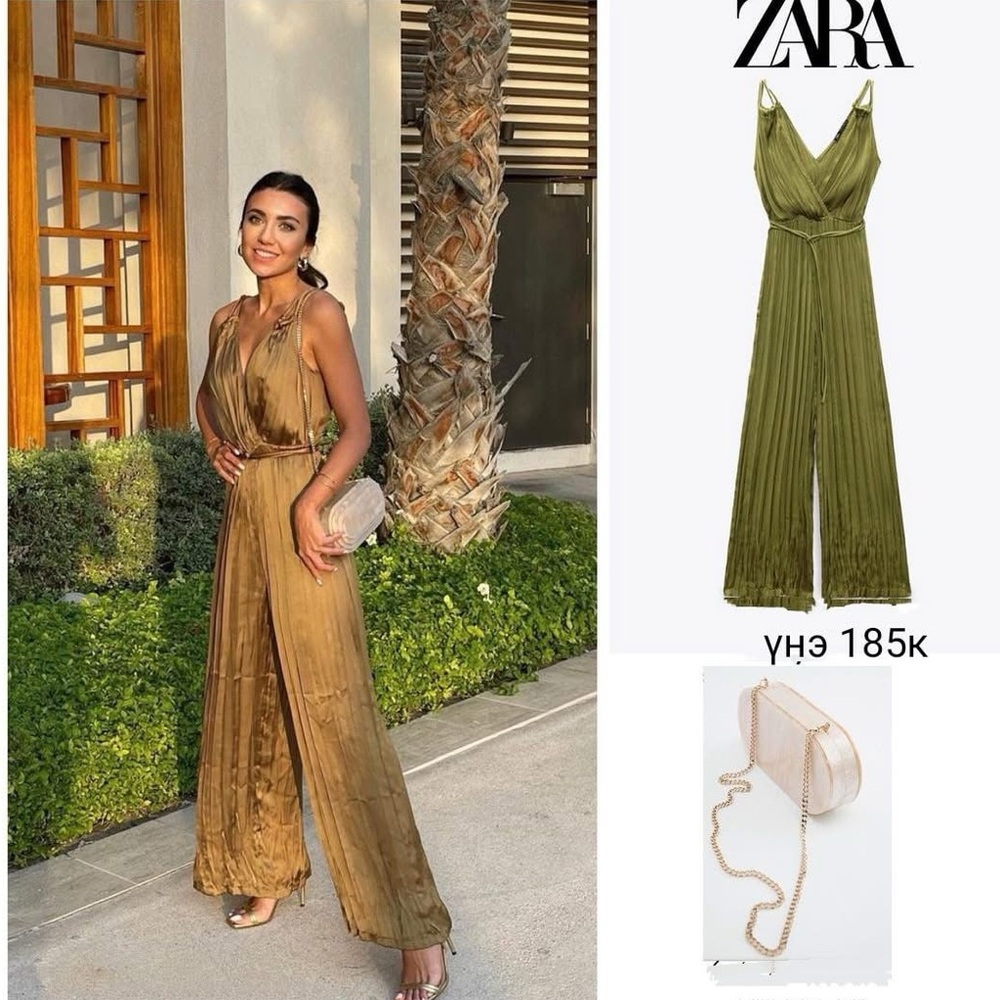 Zara Olive Green Satin Pleated Jumpsuit